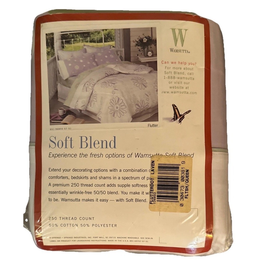 Wamsutta Soft Blend Flat Queen Sheet 250 Thread Count Flutter Dot Lilac NOS